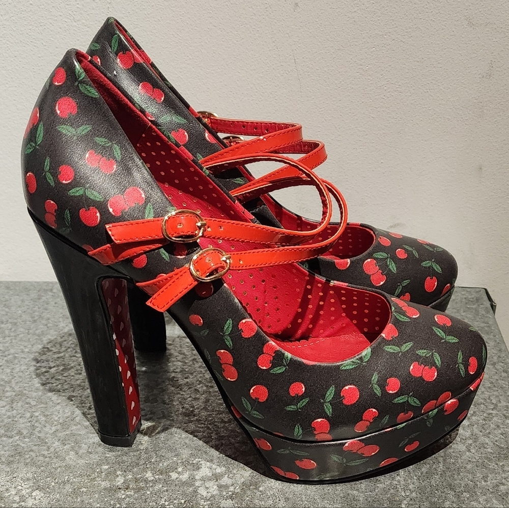 Retro Pin-Up Cherry Print Double Strap Heels by Banned Dancing Days
